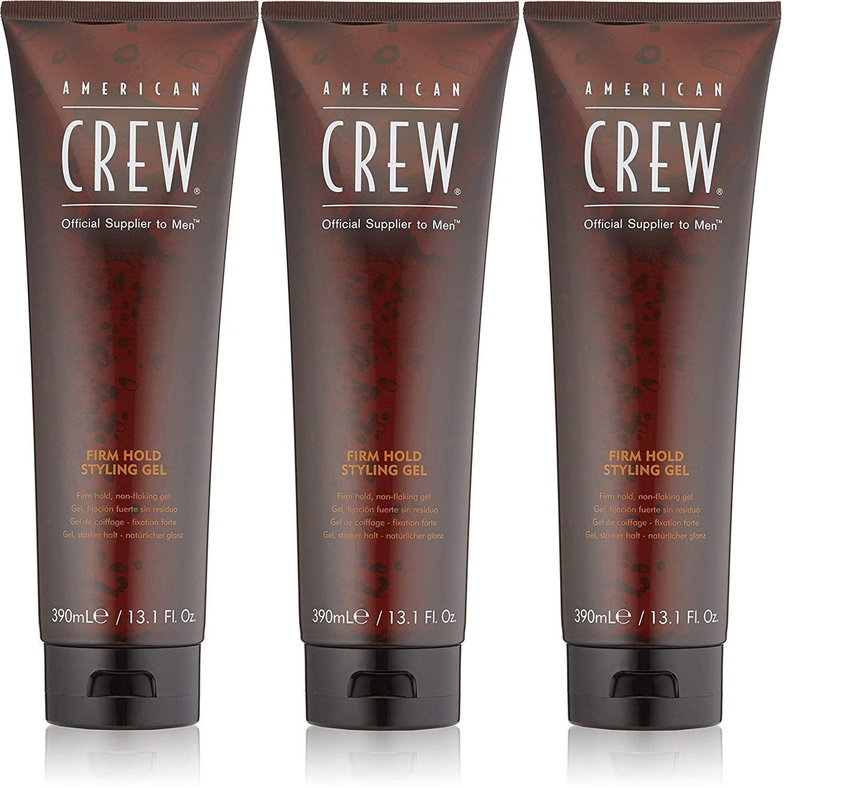 AMERICAN CREW front packaging showing three 13.1oz bottles and bold branding for easy stocking