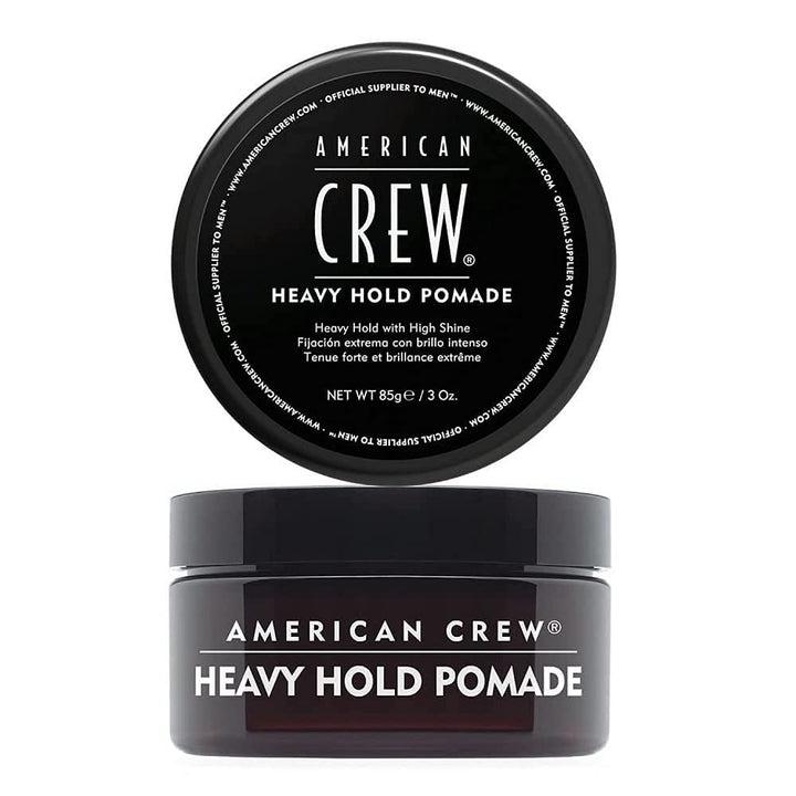 American Crew front packaging showing pomade jar and glossy finish benefits