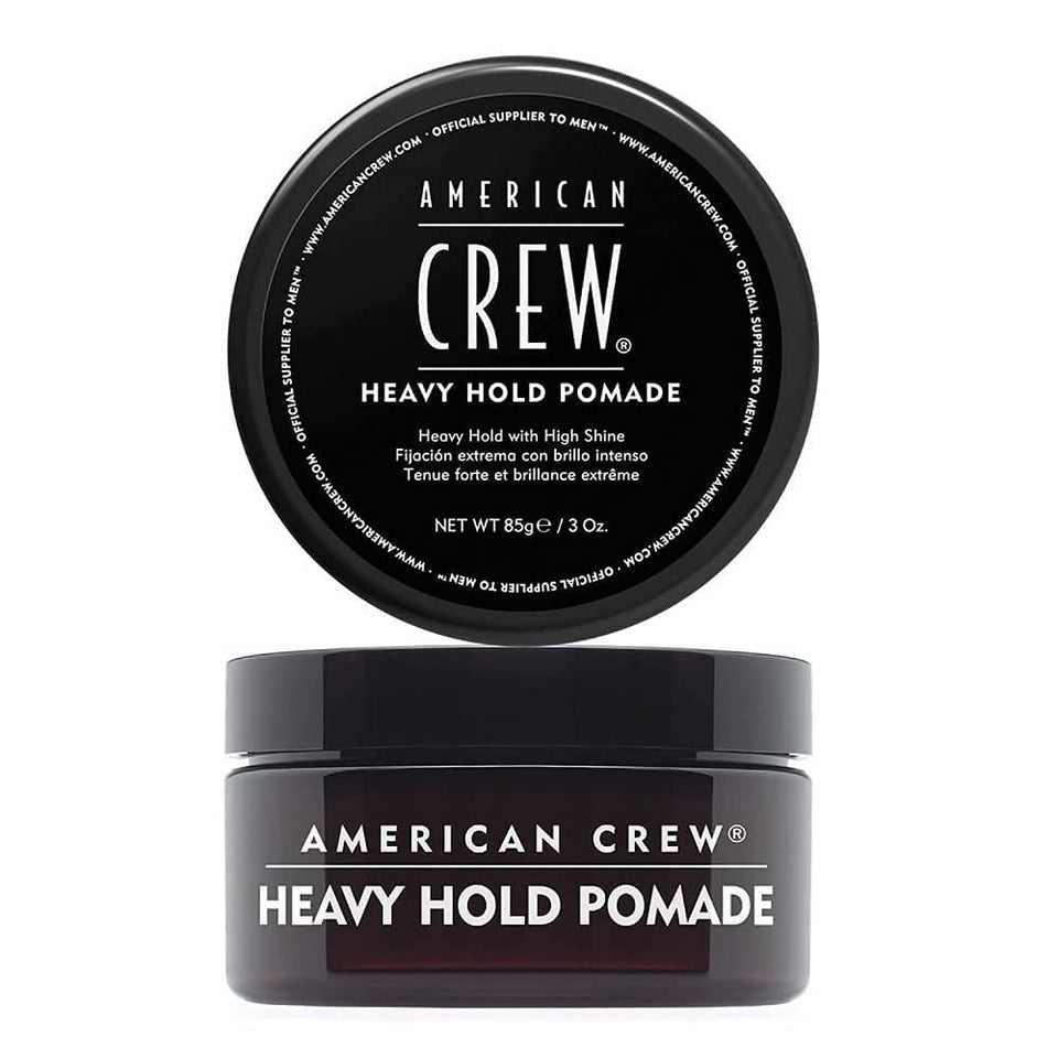 American Crew front packaging showing pomade jar and glossy finish benefits