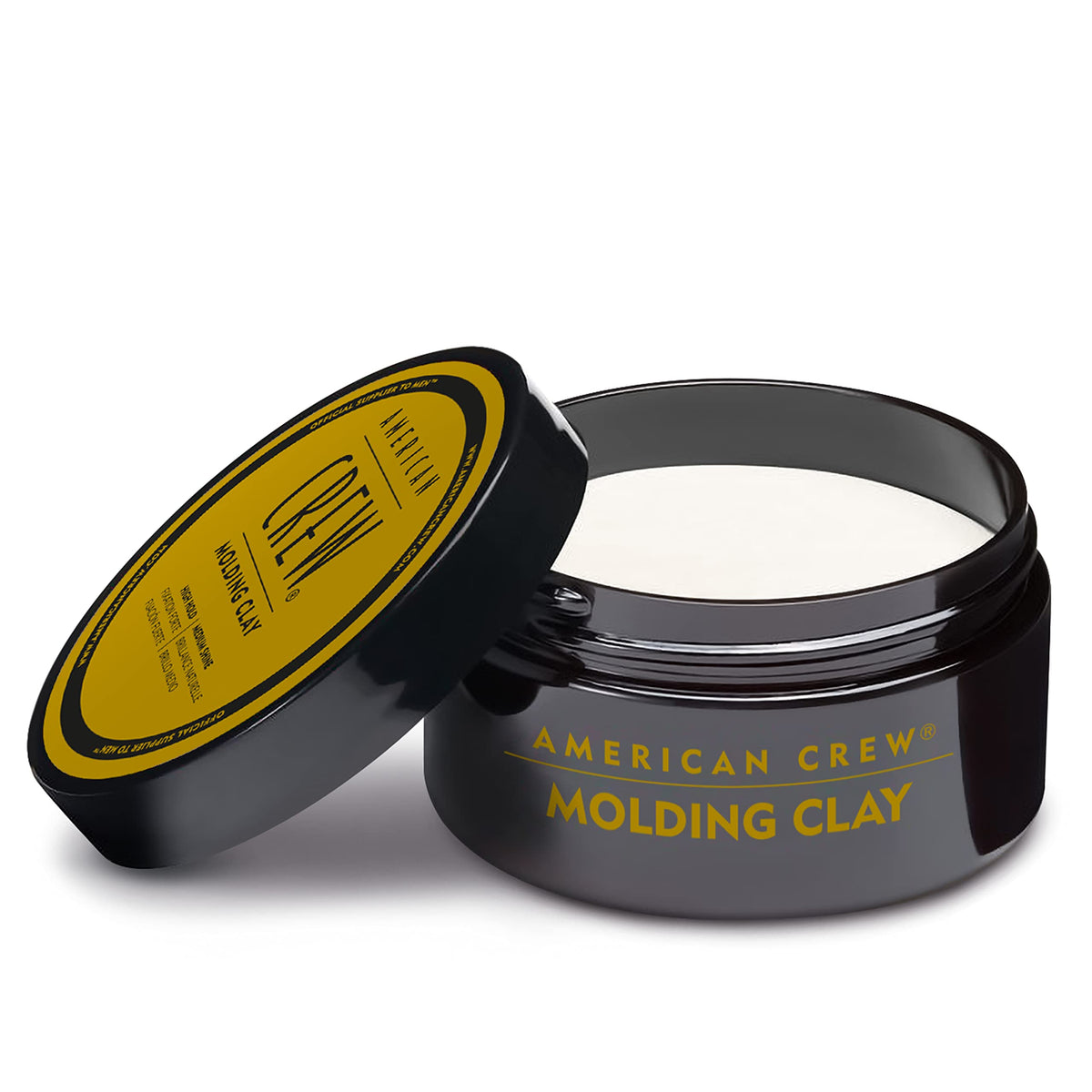 American Crew jar open revealing clay texture, showing smooth workable formula benefit