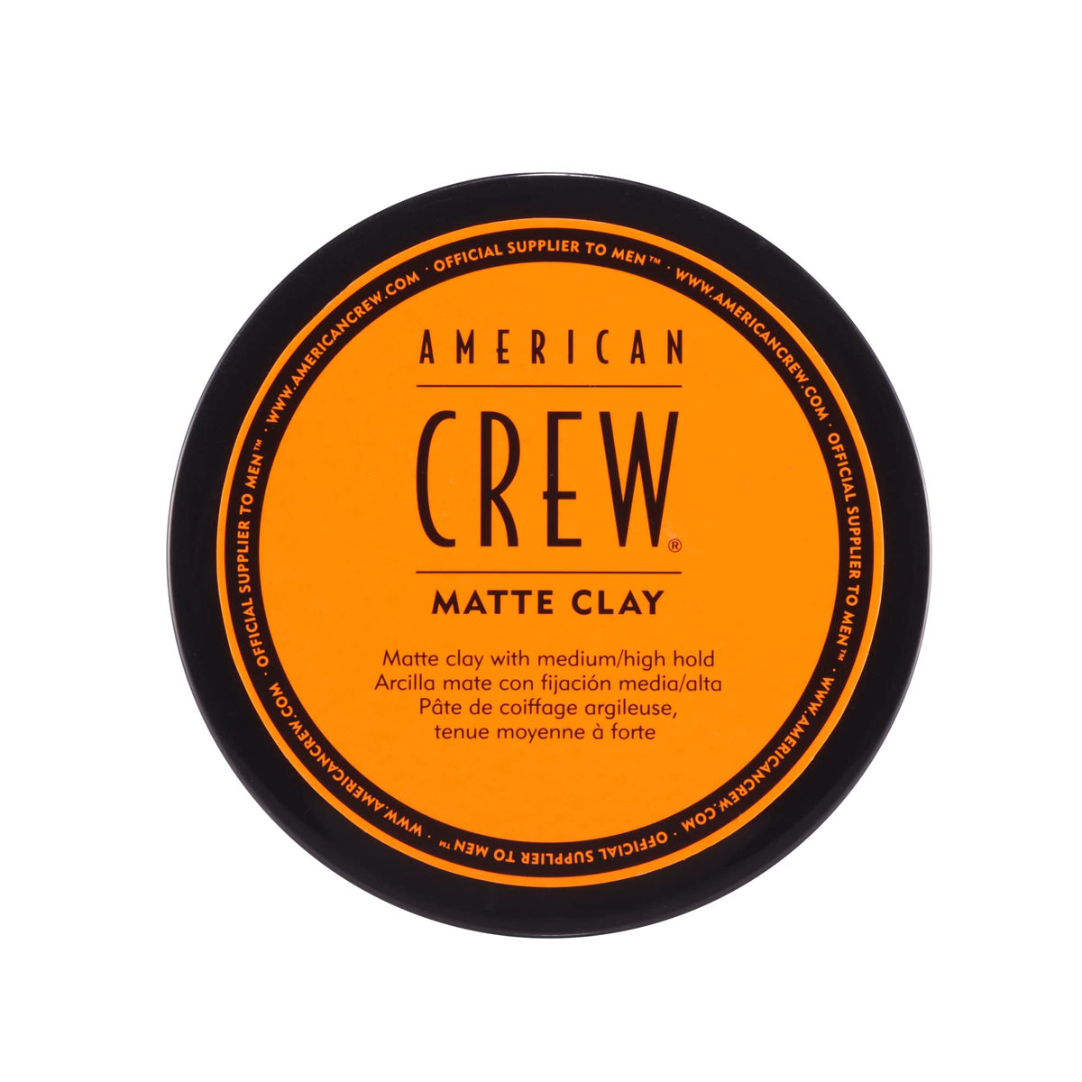 American Crew jar front packaging showing product and medium hold benefit