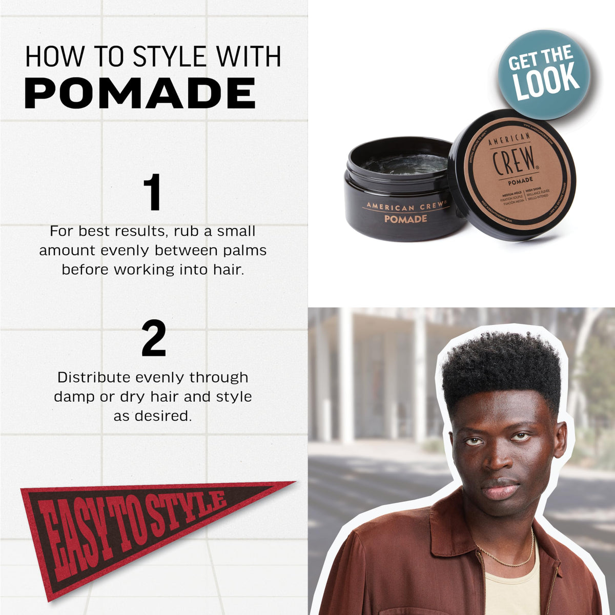 American Crew pomade in hands being applied for controlled styling benefit