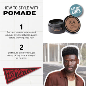 American Crew pomade in hands being applied for controlled styling benefit