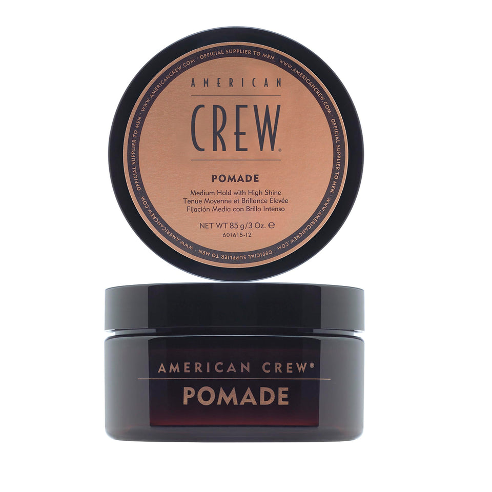 American Crew pomade front packaging showing 3 oz jar and polished finish