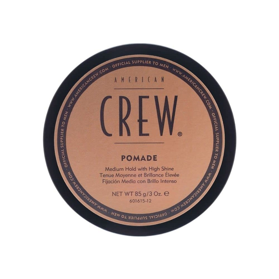 American Crew pomade front packaging showing jar and label, clear branding and product size