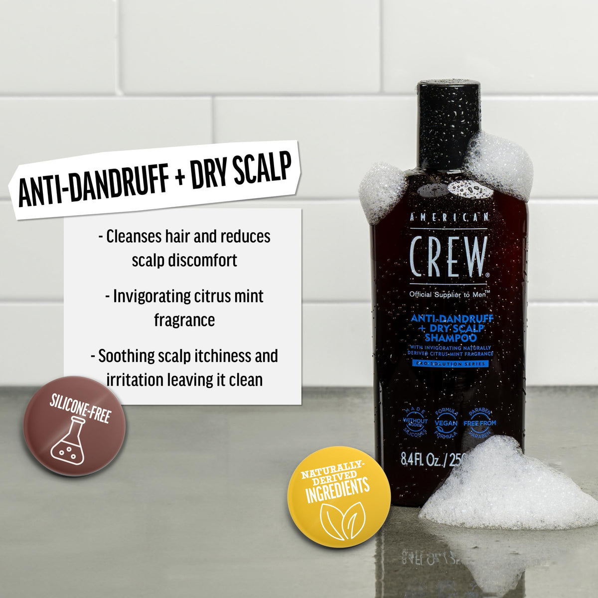 American Crew pump and cap detail, easy dispensing for consistent dosing