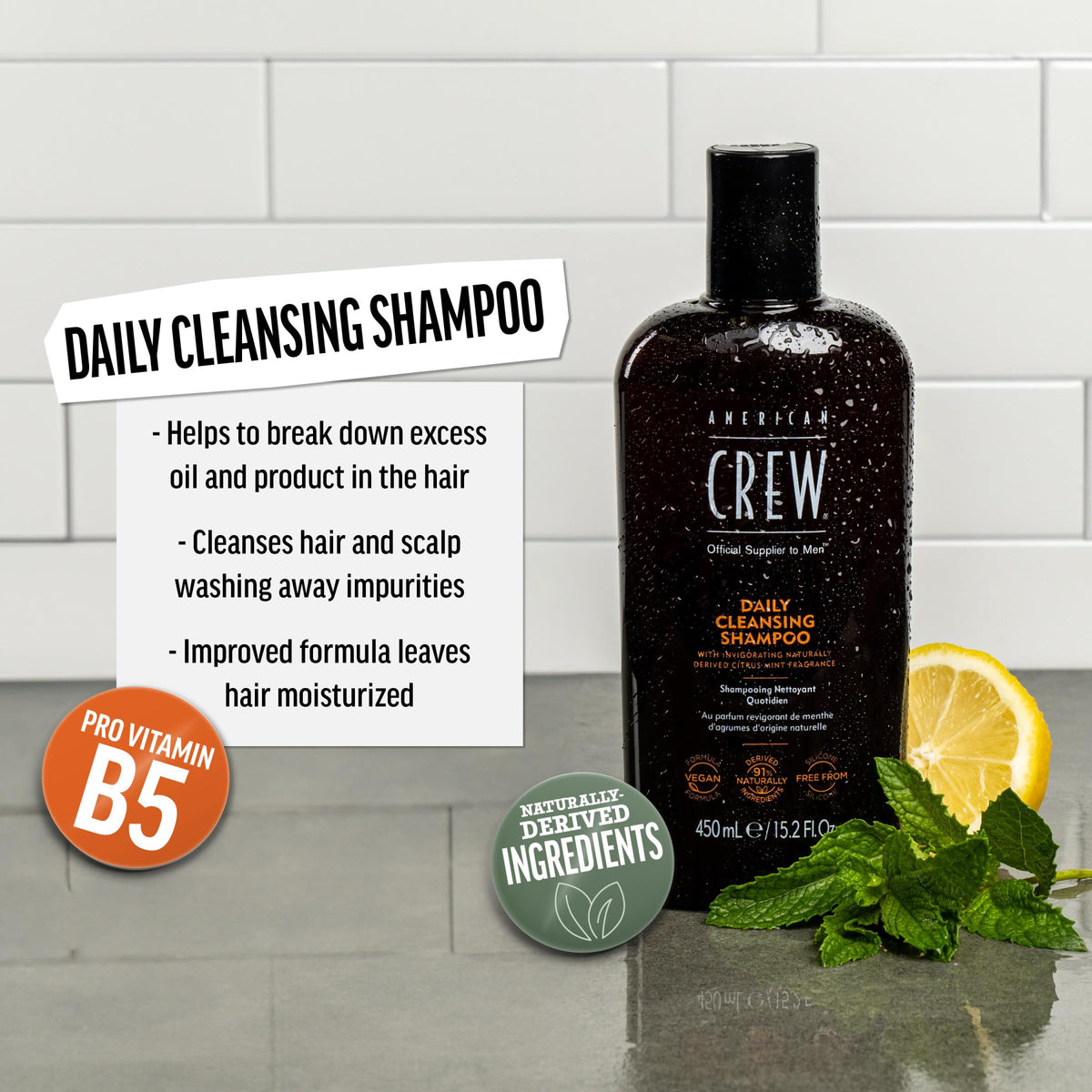 American Crew pump dispenser demonstrating easy one-handed shampoo control and convenience