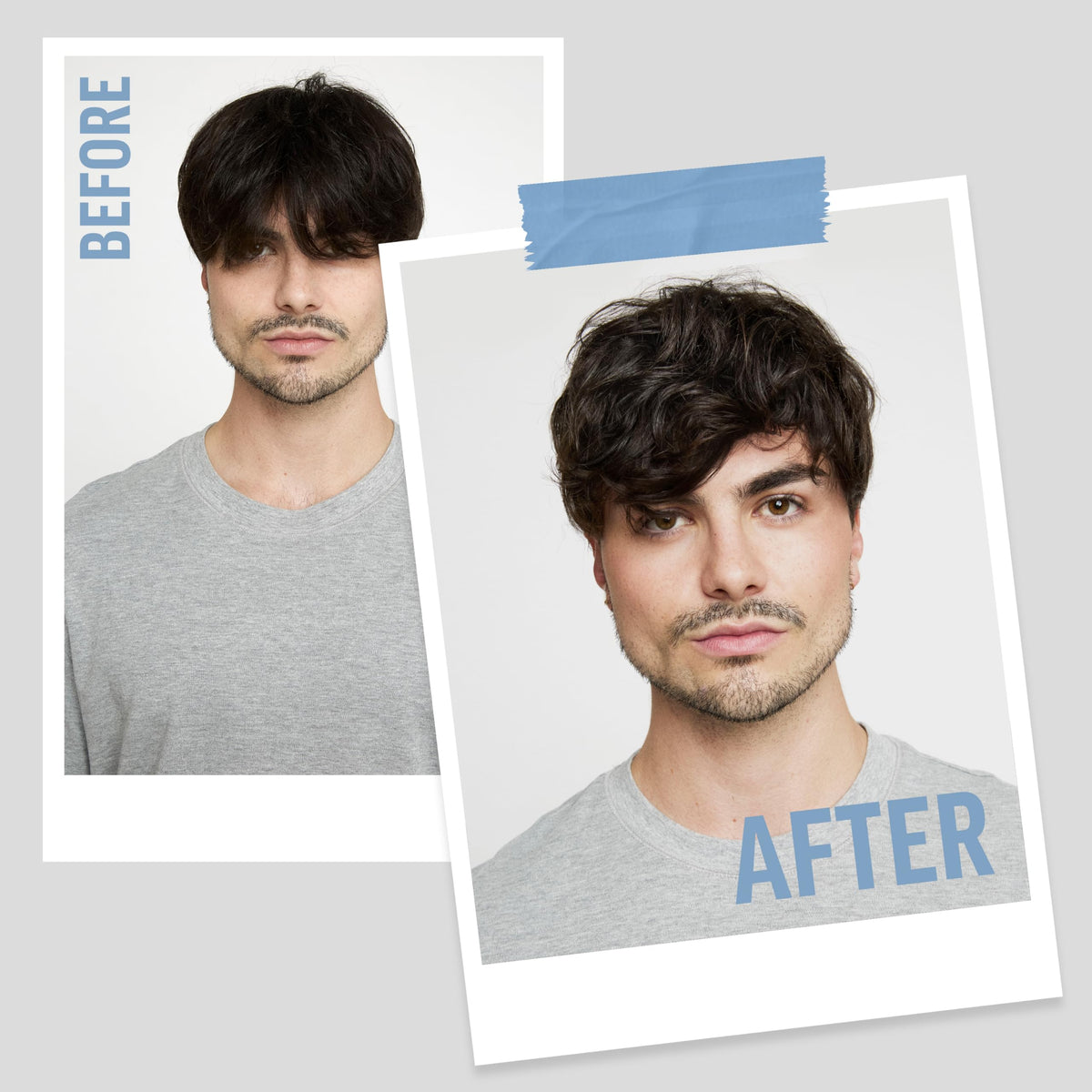 American Crew styled model before and after showing frizz control and defined texture