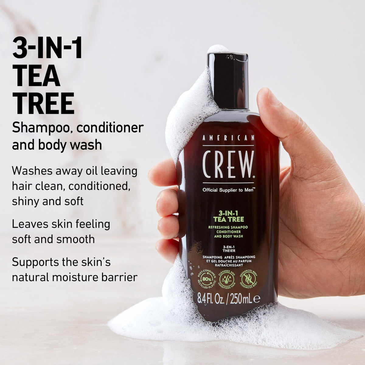 American Crew tea tree lather texture closeup showing effective cleansing benefit