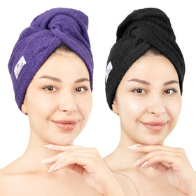 American Soft Linen front view of purple and black towel pack, shows colors and packaging benefit