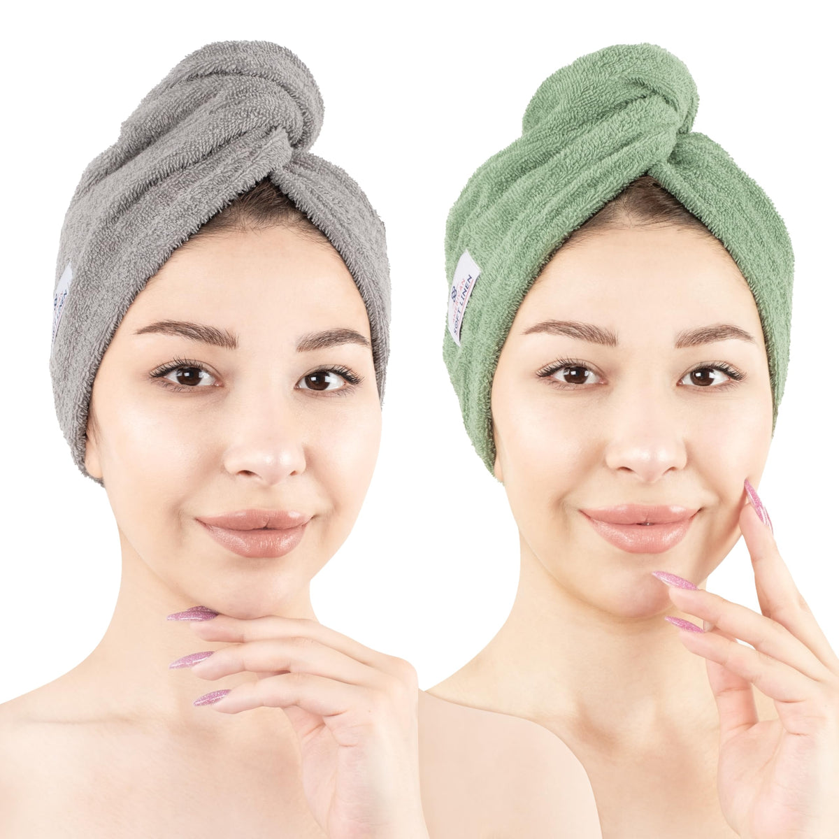 American Soft Linen front view of two-pack sage and light gray towels showing colors and shape, versatile use