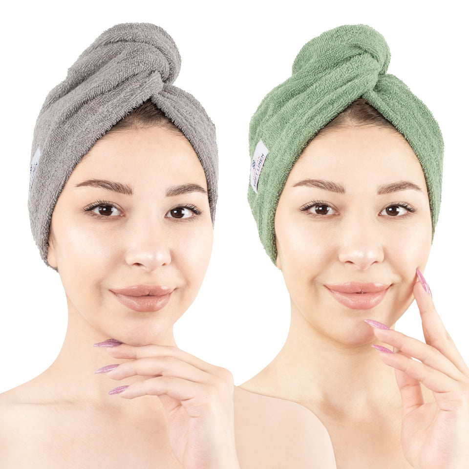 American Soft Linen front view of two-pack sage and light gray towels showing colors and shape, versatile use