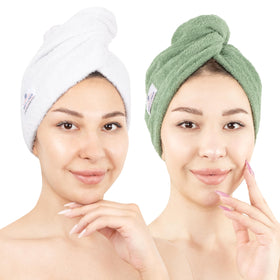 American Soft Linen front view of two-pack towels showing colors and packaging benefit quick selection