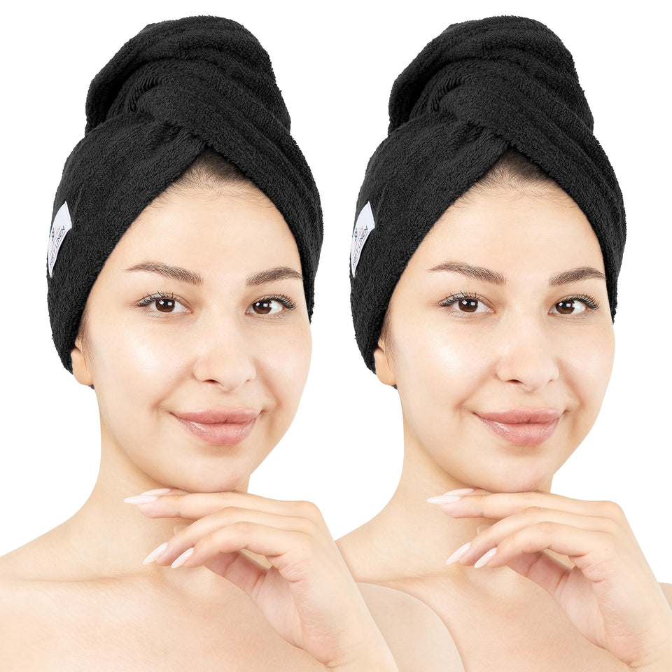 American Soft Linen front view of two-pack black cotton hair towels showing packaging and size benefit