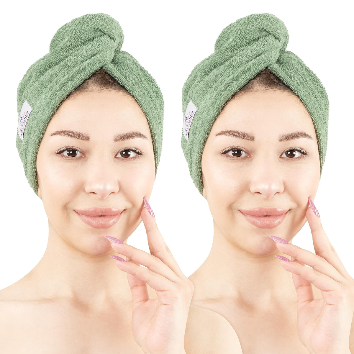 American Soft Linen front view of two sage green towels showing soft absorbent fabric benefit