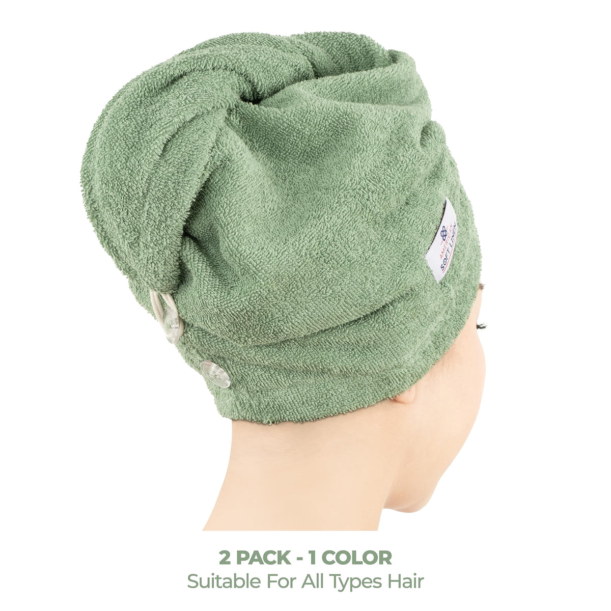 American Soft Linen in-use on woman with long curly hair showing secure wrap and reduced frizz benefit