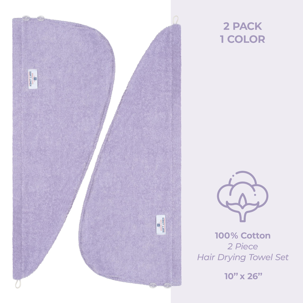 American Soft Linen turban wrap on wet long curly hair demonstrating hands-free drying, reduces-frizz benefit