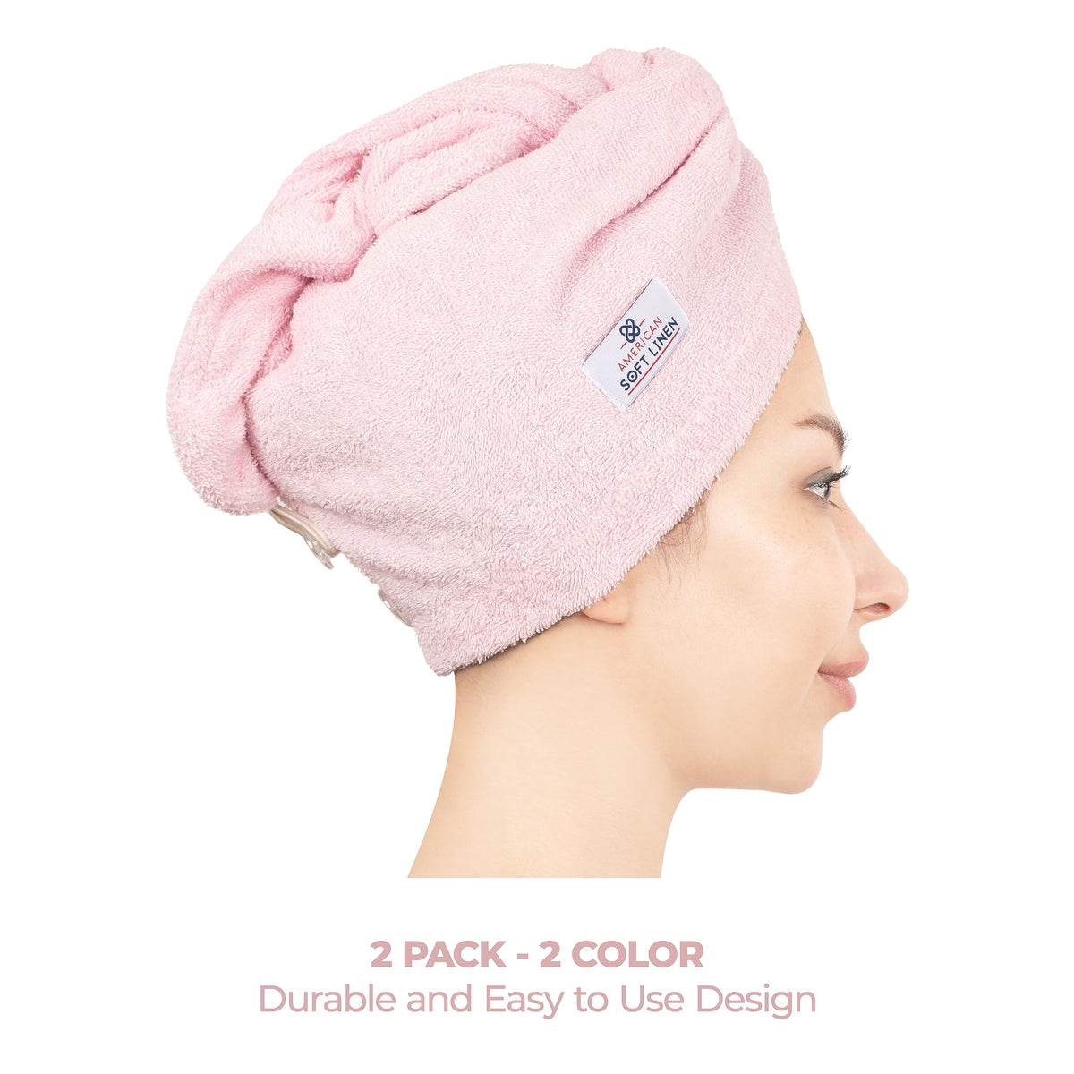 American Soft Linen towel wrapped on model demonstrates hands-free drying benefit