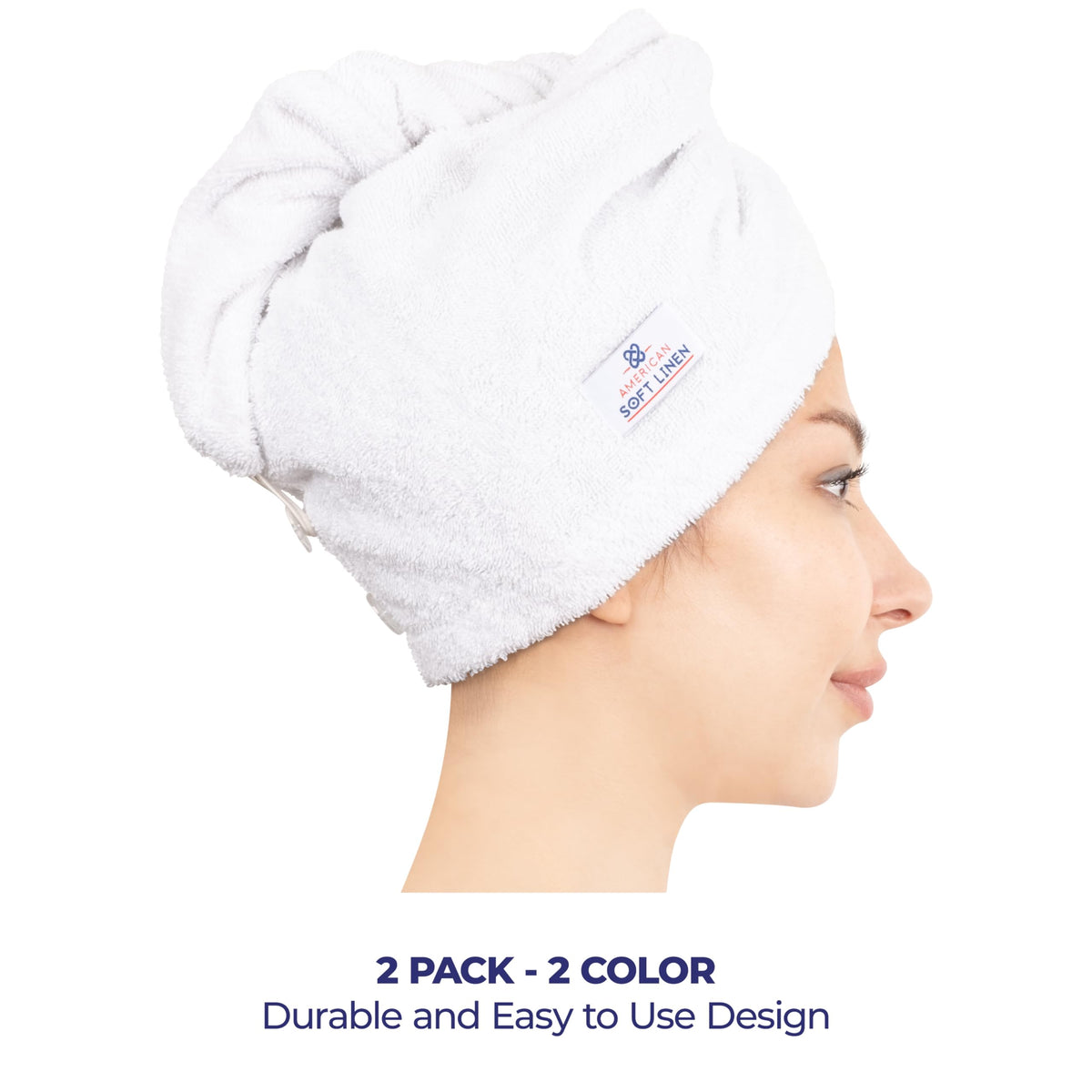 American Soft Linen detailed view of two-button closure providing adjustable secure hold