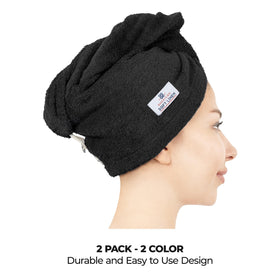 American Soft Linen model wrapping long curly hair in turban, demonstrates hands-free drying benefit