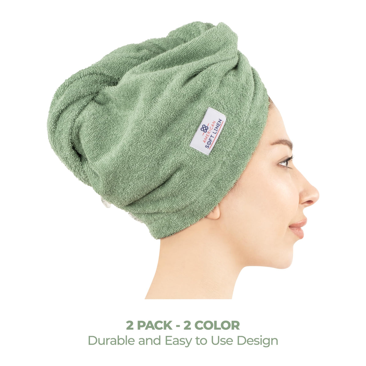 American Soft Linen worn turban on model in bathroom keeping hair back for makeup and skincare
