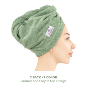 American Soft Linen model with short hair wearing turban for hands-free drying convenience