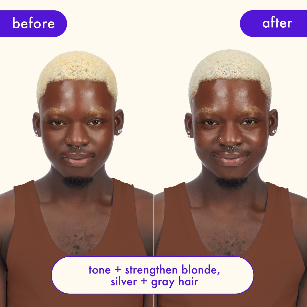 amika after-use cool blonde hair back view showing reduced brassiness and shine benefit
