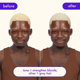 amika after-use cool blonde hair back view showing reduced brassiness and shine benefit
