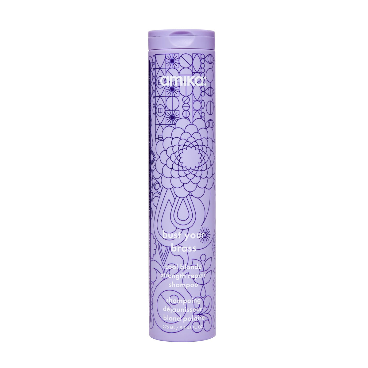 amika front packaging of Bust Your Brass shampoo highlighting product name and 275ml size benefit