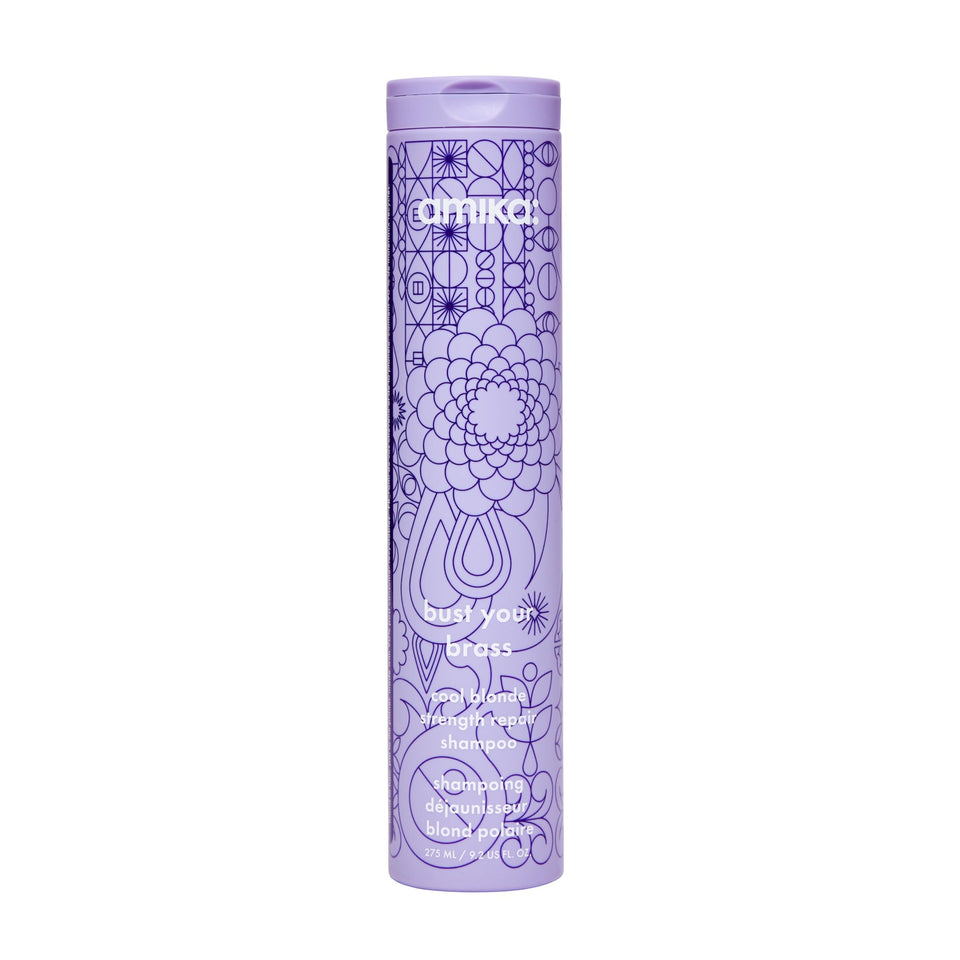 amika front packaging of Bust Your Brass shampoo highlighting product name and 275ml size benefit