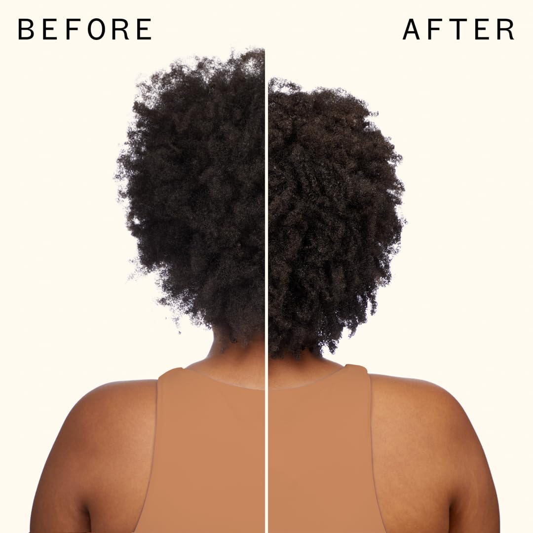 Amika before and after comparison showing reduced frizz and shape