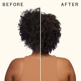 Amika before and after comparison showing reduced frizz and shape