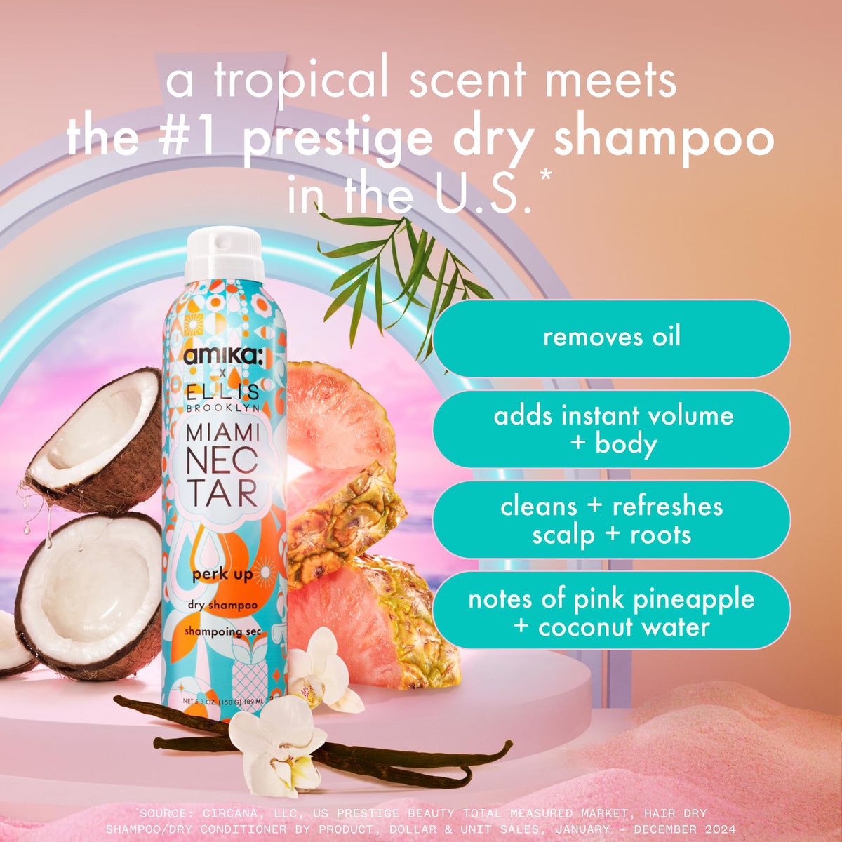 amika close-up label featuring Ellis Brooklyn collaboration and tropical fragrance benefit