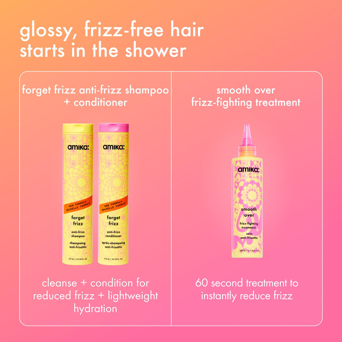 Amika before and after hair comparison illustrating reduced frizz and shine