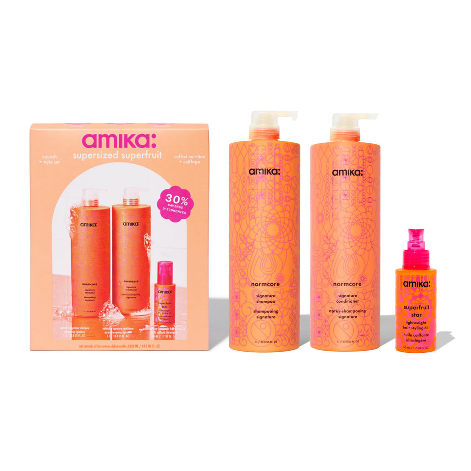 Amika front packaging showing liter Normcore shampoo and conditioner for long-lasting supply