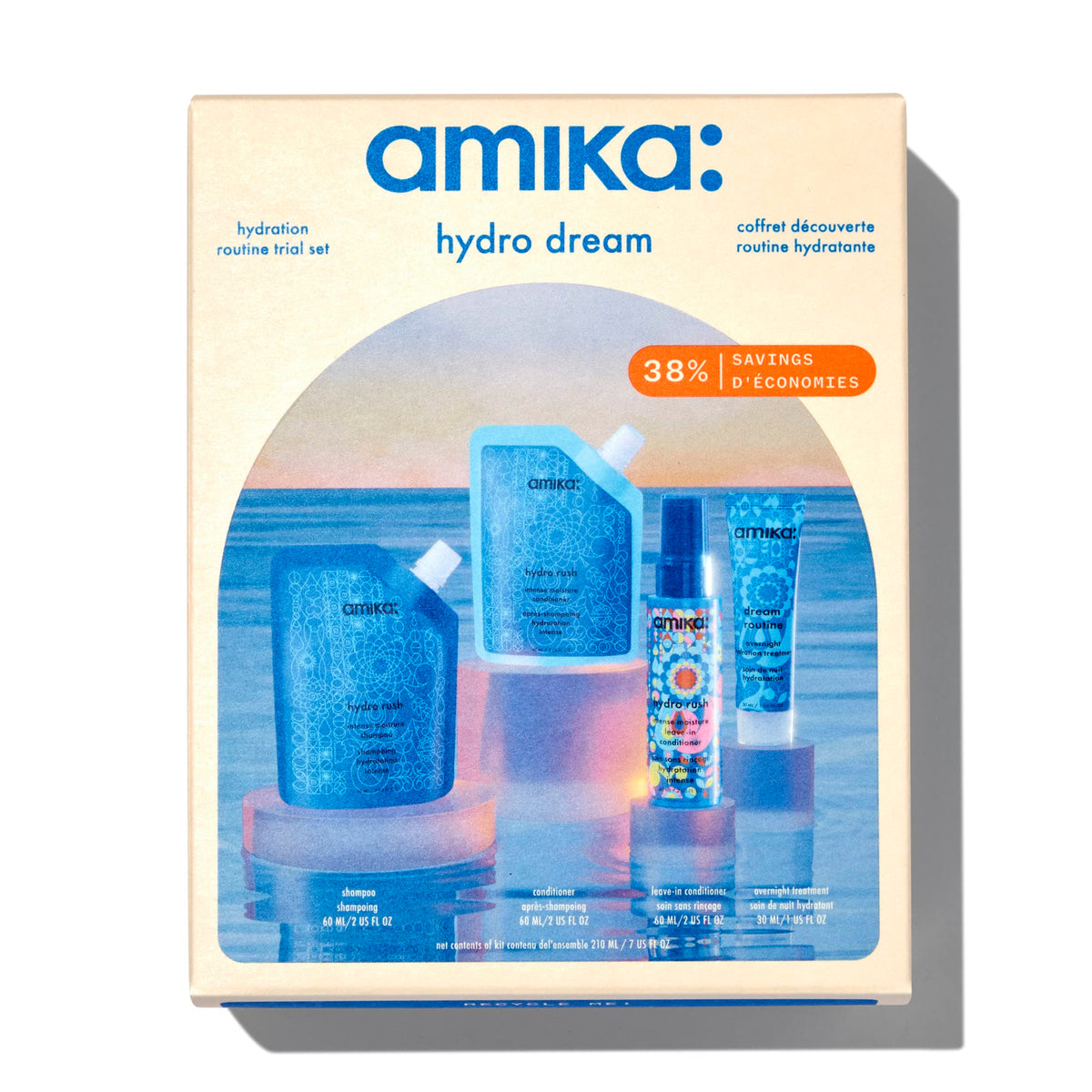 amika front packaging showing travel-size kit and hydration benefits