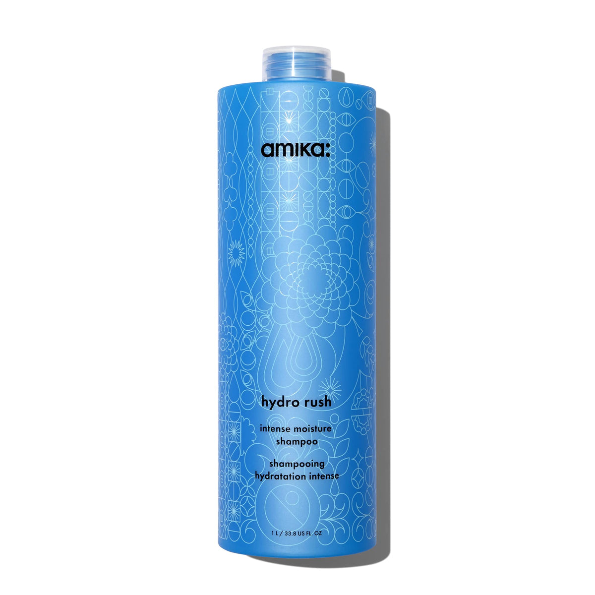 Amika hydro rush front bottle shows large size and easy dispensing benefit