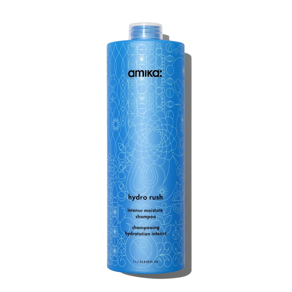 Amika hydro rush front bottle shows large size and easy dispensing benefit