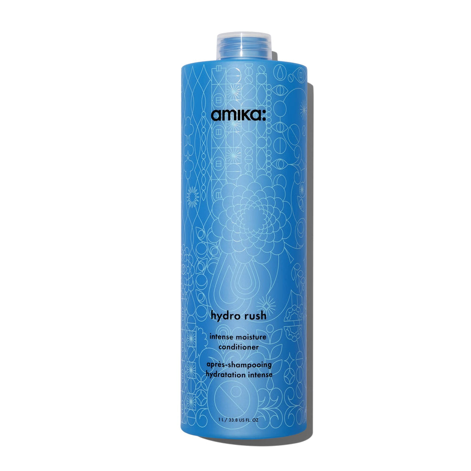 amika hydro rush front bottle shows large 1000ml size and professional packaging benefits hydration