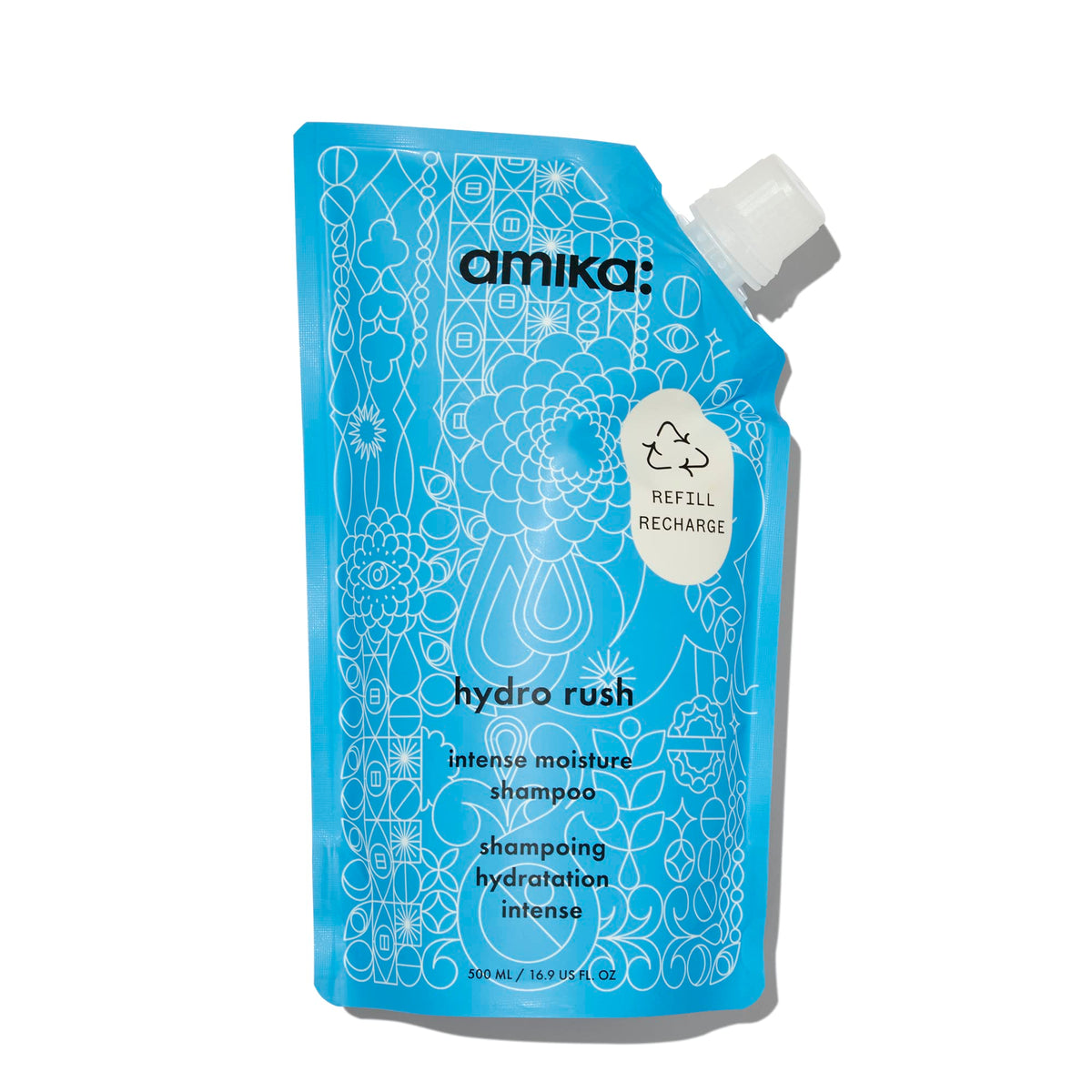Amika bottle front packaging showing label and 500ml size for clear product ID and benefit