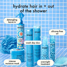 amika hydro rush in shower use showing application on wet hair improving manageability benefit