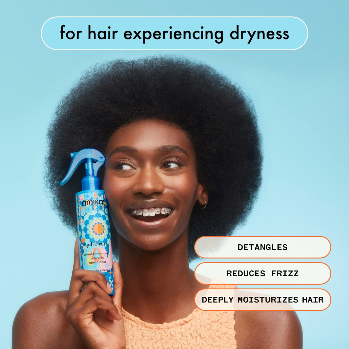 amika in use on towel-dried hair for easier detangling and smoother hair