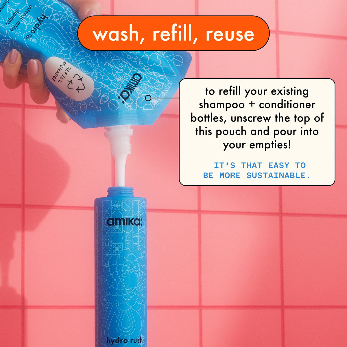 Amika cap and pump detail highlighting easy dispensing and hygienic control for convenience