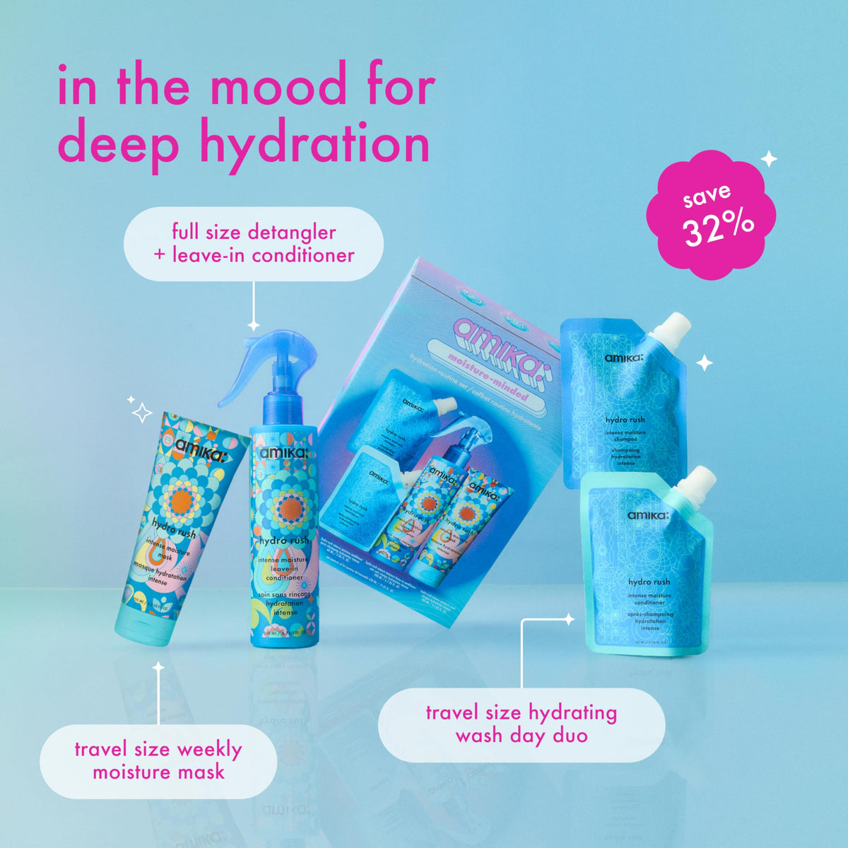 Amika Hydro Rush shampoo and conditioner close-up highlighting moisturizing formula