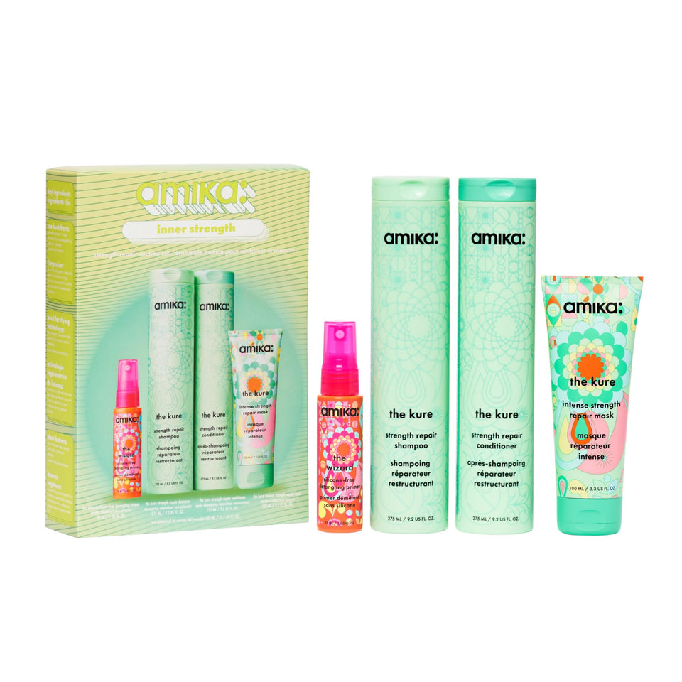 Amika front packaging showing the full repair set and gift presentation benefit