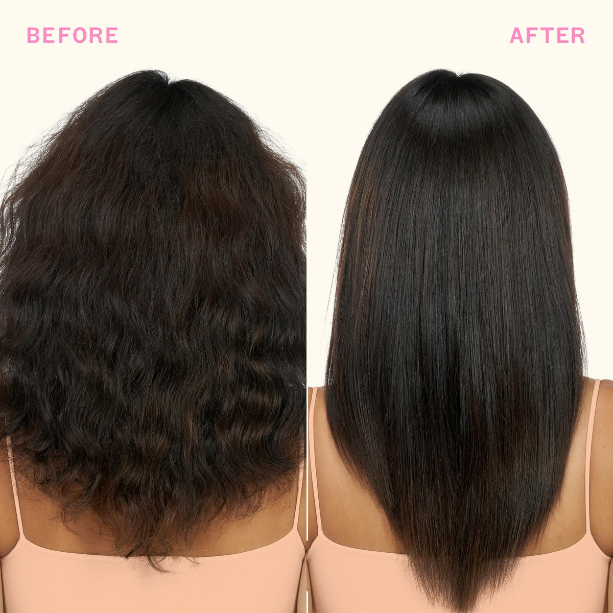 amika model with glossy smooth hair, shows frizz-free results