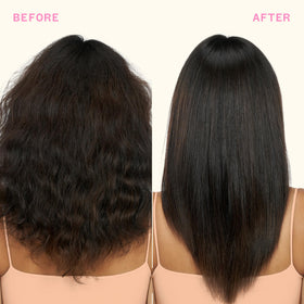 amika model with glossy smooth hair, shows frizz-free results