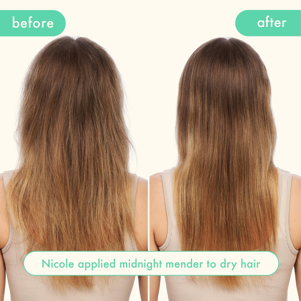 Amika before and after hair strands showing reduced breakage benefit
