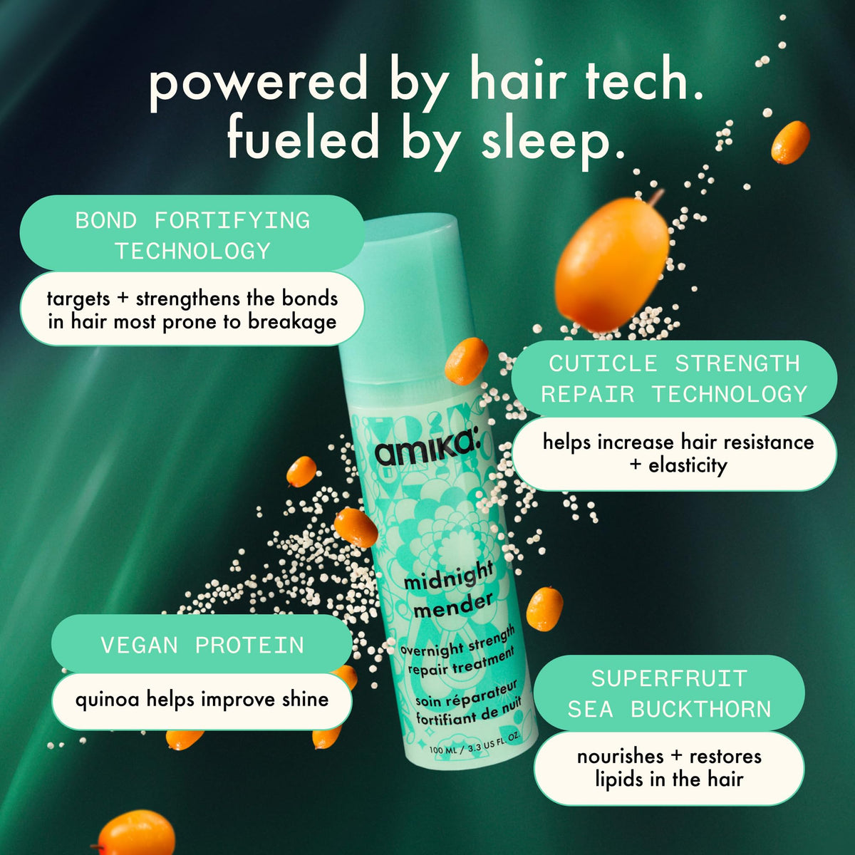 Amika label detail emphasizing bond-fortifying technology benefits