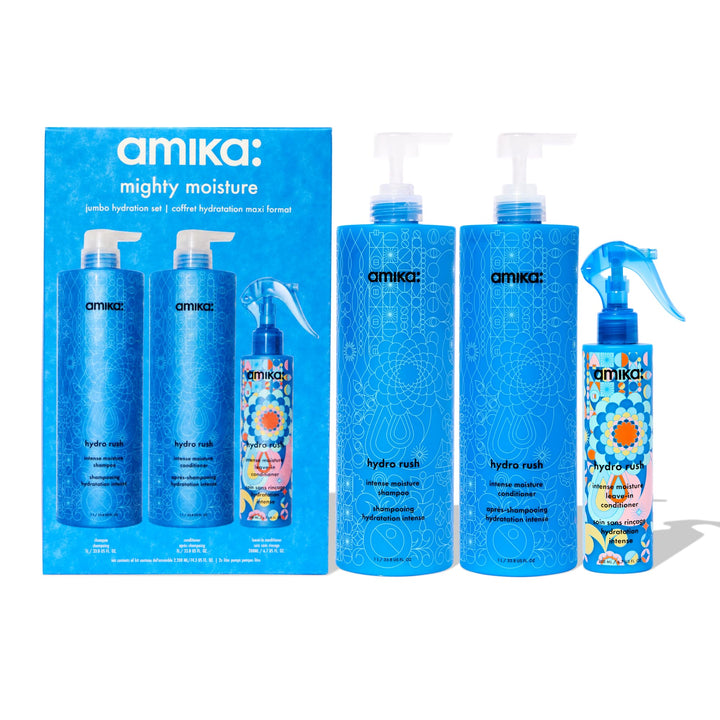 Amika Mighty Moisture front packaging showing jumbo shampoo and conditioner for long-lasting hydration